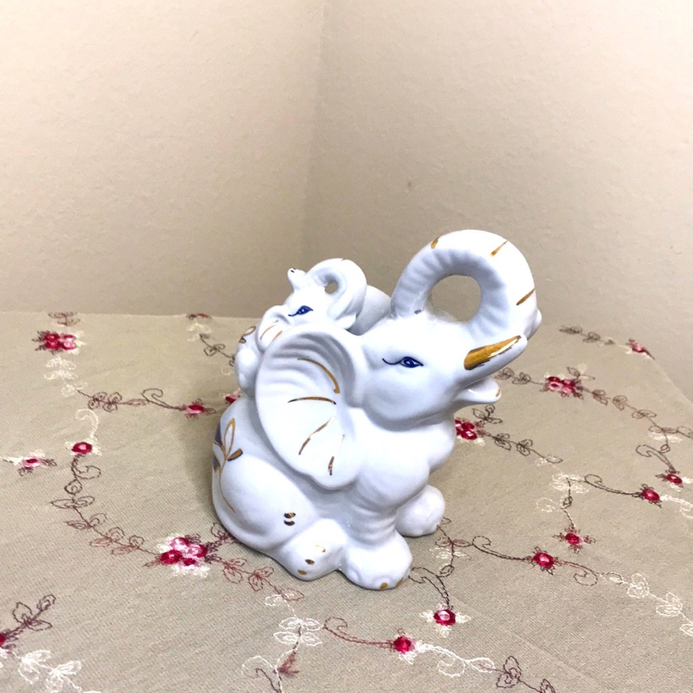 White Ceramic Elephant with baby on back